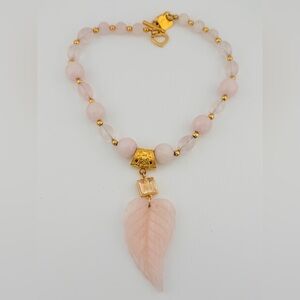 Pink quartz statement necklace with carved pink quartz leaf pendant